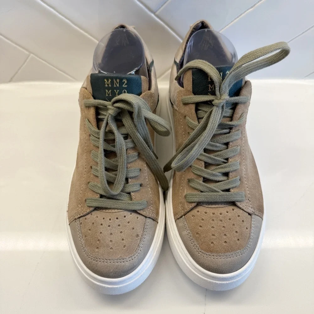Miz Mooz Women's Tristian Tan & Green Leather Lace-Up Sneakers Size 8.5 Casual